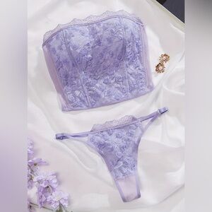 Gigi Angelic Lavender Purple Floral Rosebud Lace Mesh Strapless Top + Thong Set